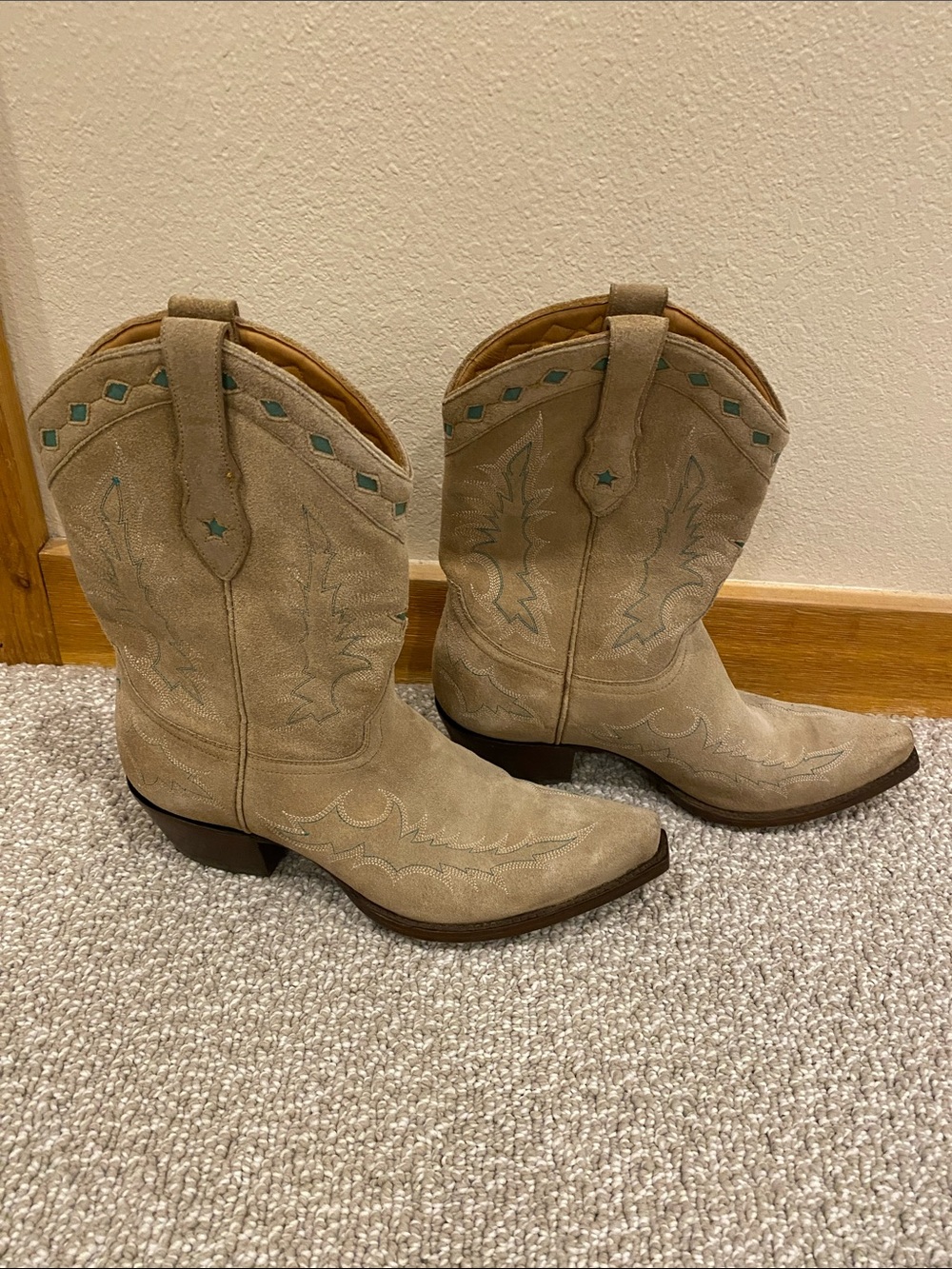 Women's Beige Suede Western Booties with Turquoise Accents